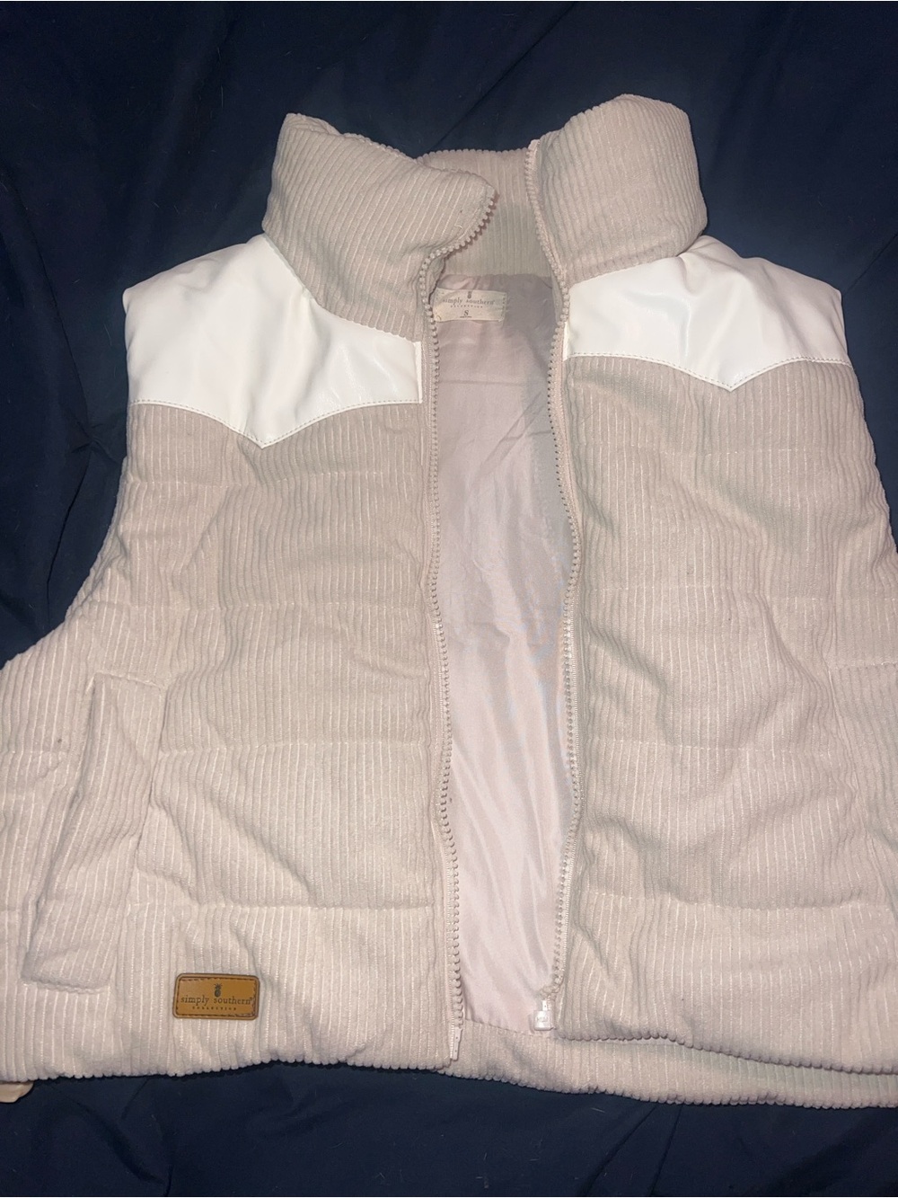 Simply Southern Beige Corduroy Puffer Vest with White Leather Yoking